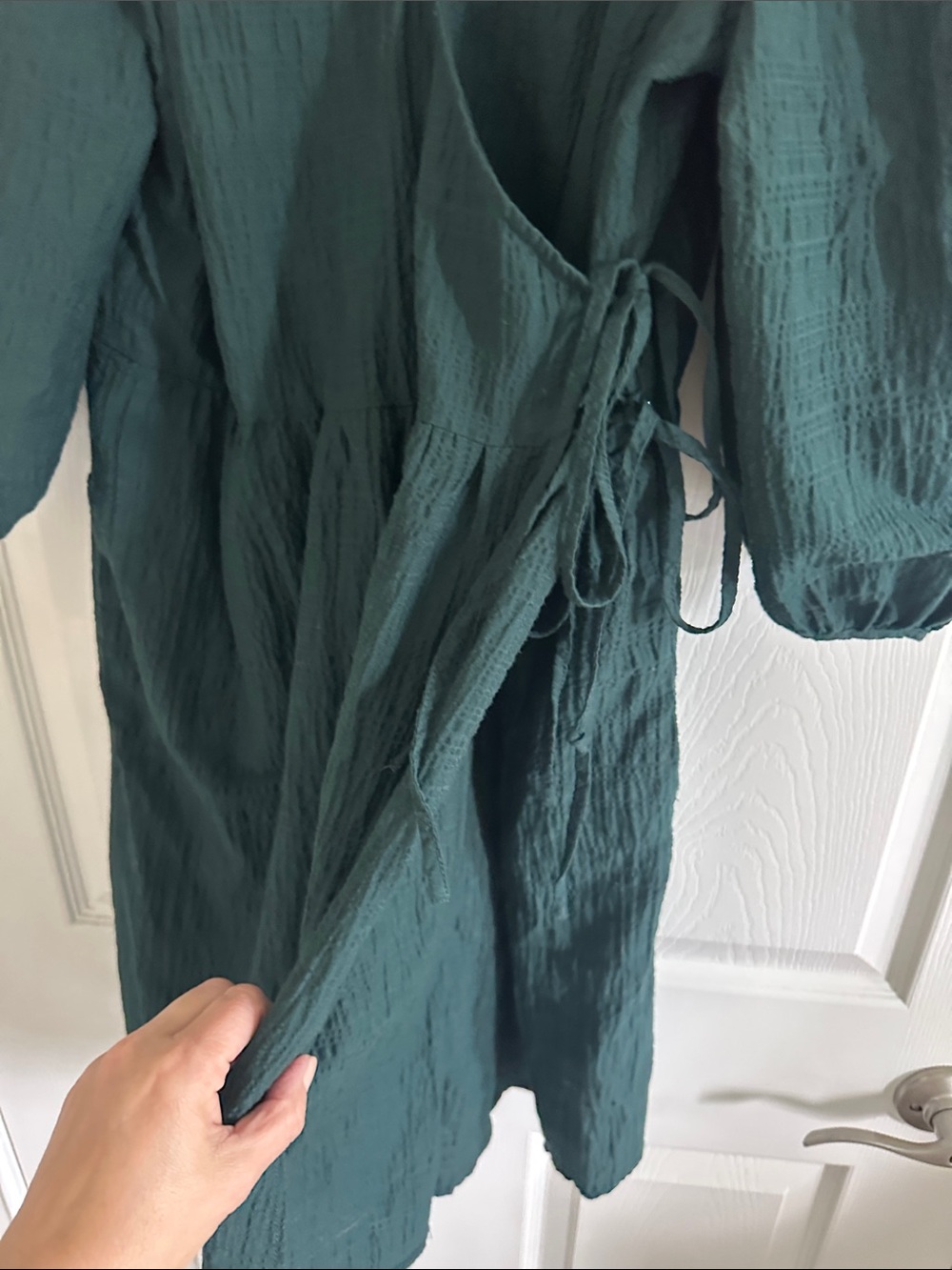 Dark Green Puff Sleeve Wrap Mini Dress - Picture 4 of 8